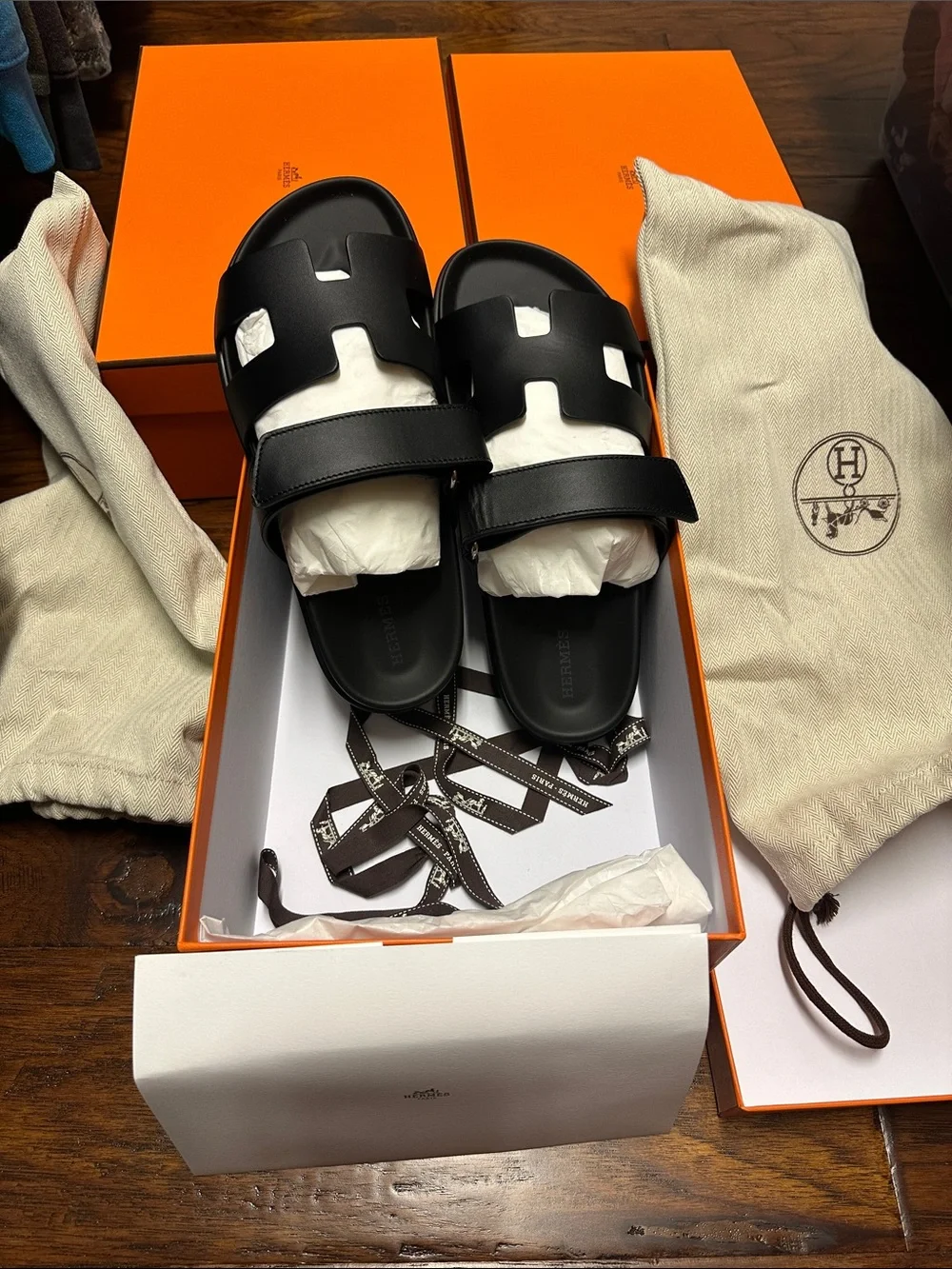 Hermes Black Leather Chypre  Sandals